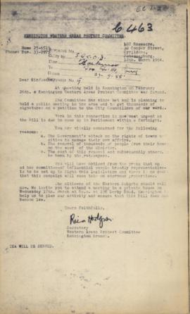 Correspondence, 12 March 1954. Kensington Western Areas Protest Committee