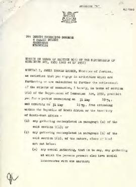Annexure M: Notice Notice served on RM Sobukwe in terms of Section 9(1) of the Suppression of Com...