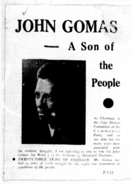 Pamphlet - John Gomas - a Son of the People, Cape District Committee of Communist Party