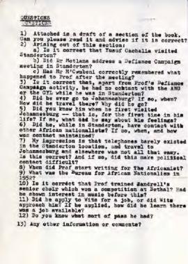 List of questions about a draft of a Sobukwe biography (possibly questions for JN Pokela)