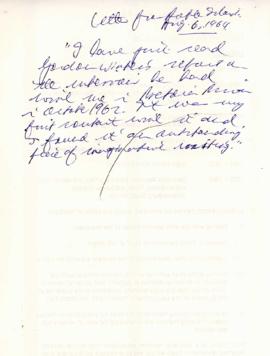 Benjamin Pogrund: Note headed: Letter for Robben Island August 6, 1964