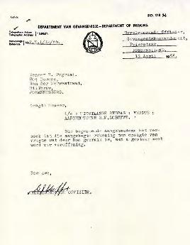 Commanding Officer, Robben Island: Letter to B Pogrund Robben Island from Dept of Prisons