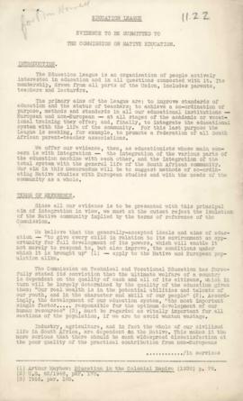 Evidence submitted to the Eiselen Commission on Native Education 1949 by the Education League