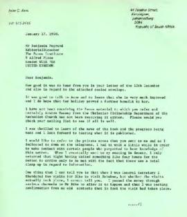 John C Rees, Johannesburg: Letter to B Pogrund, The Panos Institute, London