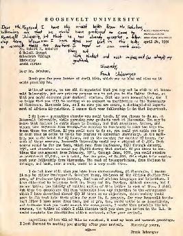 Frank Untermyer: Letter to Robert Sobukwe from Roosevelt University, Illinois