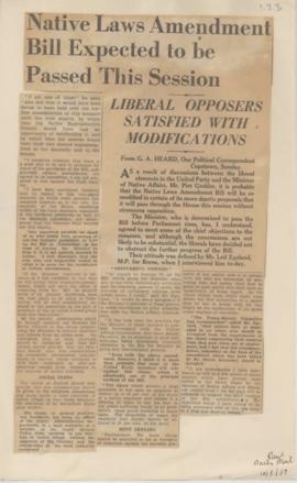 Newspaper clips relating to the Native Law Amendment Bill