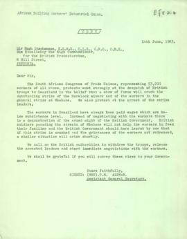 Letter to Sir Hugh Stephenson, High Commissioner for the British Protectorates, protesting at the...