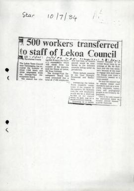 Article re transfer of staff of Lekoa Council, (Star)