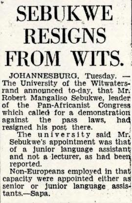 Cape Argus: Cape Argus: Sobukwe resigns from Wits