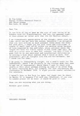 Benjamin Pogrund: Letter to Dr Tom Lodge from Pogrund