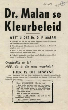 Pamphlet tilted: "Dr Malan se Kleurbeleud" (Dr Malan's colour policies)