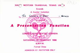 Presentation Function organized by South Western Transvaal Tennis Union, 22 February, 1986