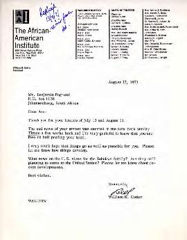 William R Cotter: Letter to B Pogrund from the African-American Institute