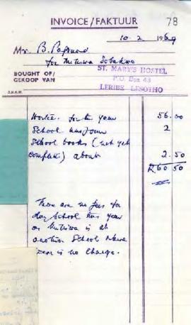 St Mary's Hostel, Leribe, Lesotho: Invoice 78 for B Pogrund for school fees and books, with two c...