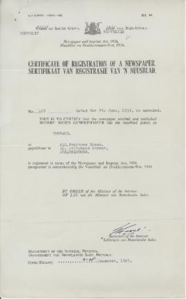 Certificate of Registration and excerpt from Government Gazette