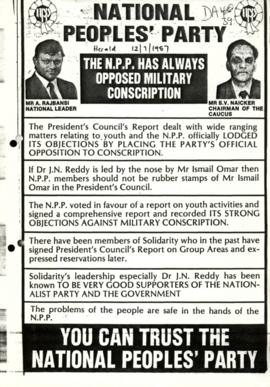 National People's Party, leaflet: The NPP has always opposed military conscription