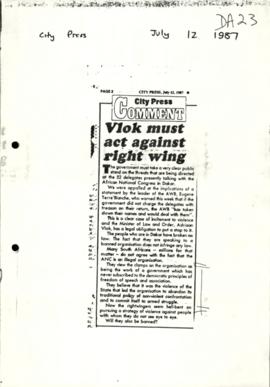 Press Cutting, City Press, (July 12, 1989): Vlok must act against right wing