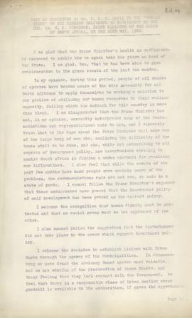 Text of statement by P.R.B. Lewis to Sunday Times on the message to parliament by H.F. Verwoerd