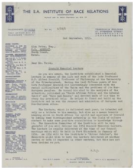 Correspondence between A. Paton in Durban and Quintin Whyte in Johannesburg inviting Mr. Paton to...