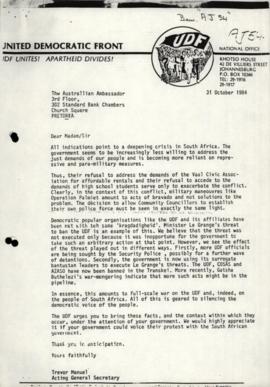 UDF letter to Australian ambassador