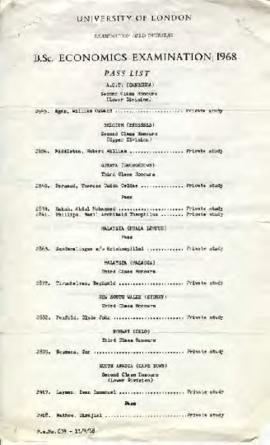 University of London: University of London B.SC. Economics Exam Pass List 1968