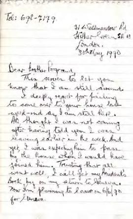 JD Nyaose, London: Letter to "Brother Pogrund" with attached speech in commemoration of...