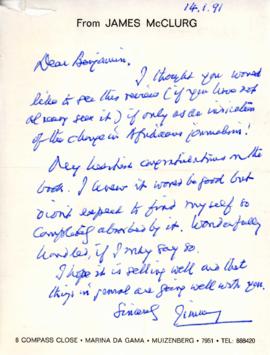 James McClurg: Letter to Benjamin from James McClurg ('Jimmy'), Muizenberg, Cape
