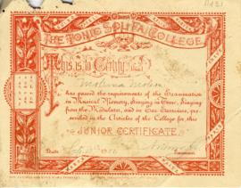 1901 September 13. Junior certificate of the Tonic Sol-fa College certifying that Moliri Molena h...