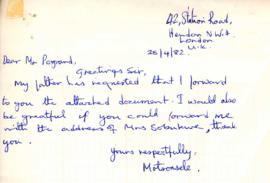 Letter to Pogrund referring to an 'attached document' (not attached), requesting address for Mrs ...