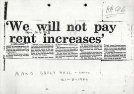 Newspaper Article (Rand Daily Mail) re Sharpeville rent increases