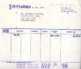 Stuttaford and Co Ltd: Receipt for R41.65 for B Pogrund