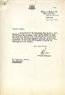 Letter to Raymond Tucker from the Minister of the Interior stating that exit permit had been issued