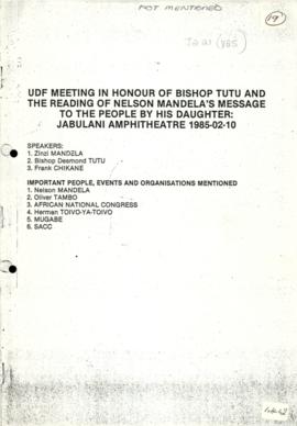 UDF Meeting in honour of Bishop Tutu, and reading of Nelson Mandela's message, Jabulani