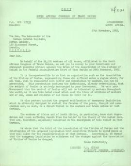 Letter to the Ambassador of the German Federal Republic, Pretoria, protesting against the trial o...