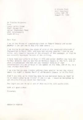 Benjamin Pogrund, London: Letter to Stanley Motjuwadi, Drum