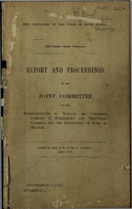 Report 'Proceedings of the Joint Committee on the Representation of Natives and Coloureds in Parl...