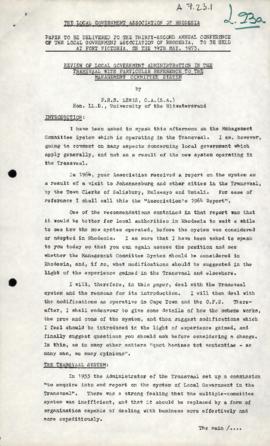 Local Government Association of Rhodesia Conference, paper entitled Review of Local Government Ad...