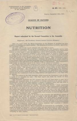 League of Nations Nutrition. Report Submitted by the Second Committee to the Assembly