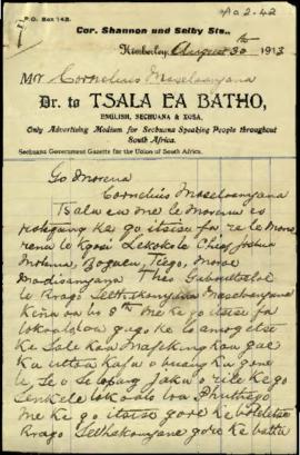 Letter addressed "Corneluis Maseloanyana"