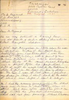 WS M'Cwabeni: Letter to B Pogrund: from Bulawayo, Zimbabwe