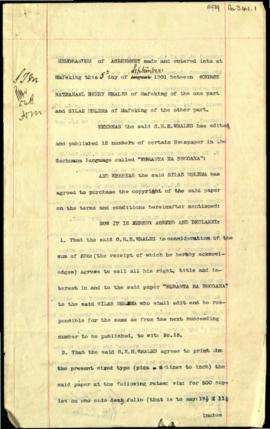 1901 September 5. Memorandum of agreement between George Nathanael Henry Whales and Silas Molema ...