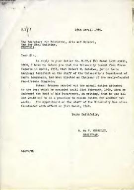 A de V Herhold: Letter to Secretary. Education, Arts, Science