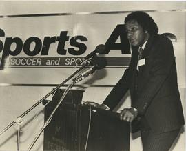Photos from the launch lunch at the Carlton Hotel, 25 July 1983, including Mr McPhearson, chairma...