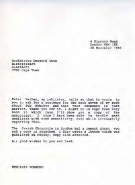 Benjamin Pogrund, London: Letter to Archbishop Desmond Tutu