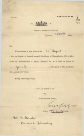 Certificate of Naturalization as a British Subject in the Transvaal issued for Nicolas Bernstein,...