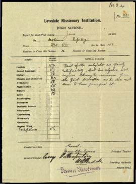 Sefetogi Molema's half-year report for Std VIII at Lovedale Missionary Institution