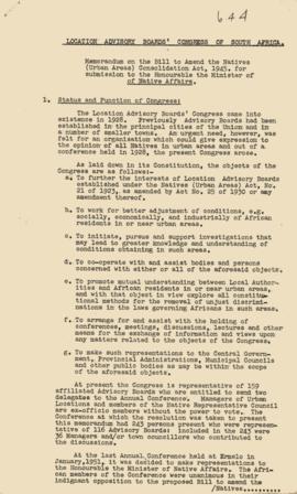 Memorandum on the Bill to amend the Natives (Urban Areas) Consolidation Act 1945. Submitted by th...