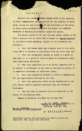 1915 June 28. Agreement between Rupert Corden Lloyd in his capacity as Civil Commissioner and Mag...