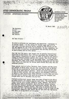 Letter from UDF to HART (New Zealand) re All Blacks Rugby tour of SA