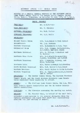 Minutes of a special General Meeting of the Southern Africa Lawn Tennis Union, Benoni, 23 June, 1979